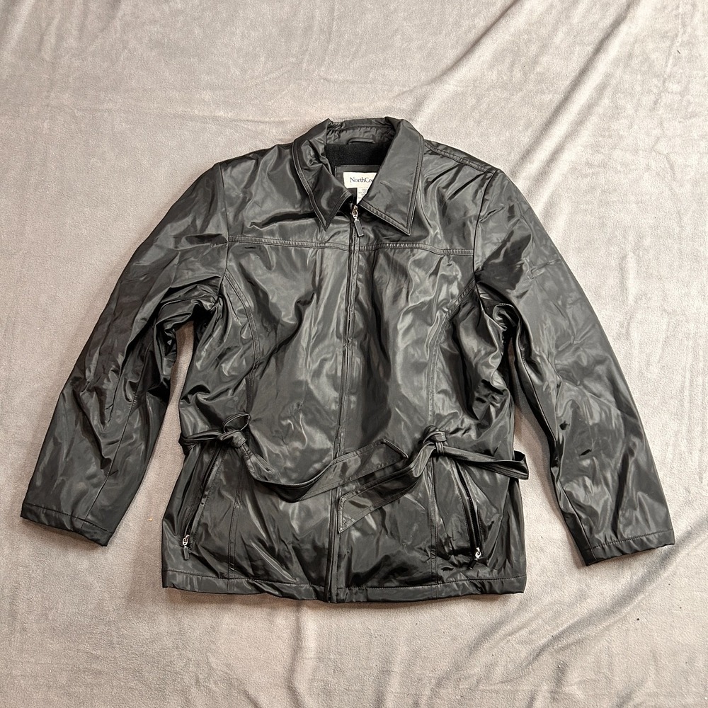 NorthCrest VTG Leather Jacket Womens Sz XL Black Fleece Lined Belted Full Zip